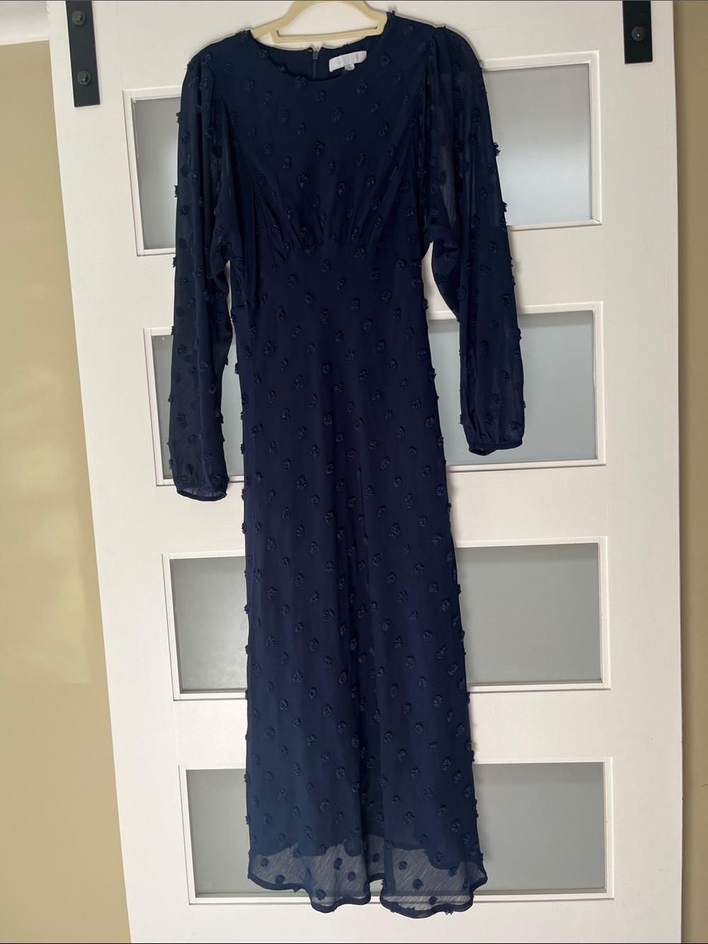 Anthropologie Navy Textured Dot Maxi Dress long Sleeves crepe chiffon stretch